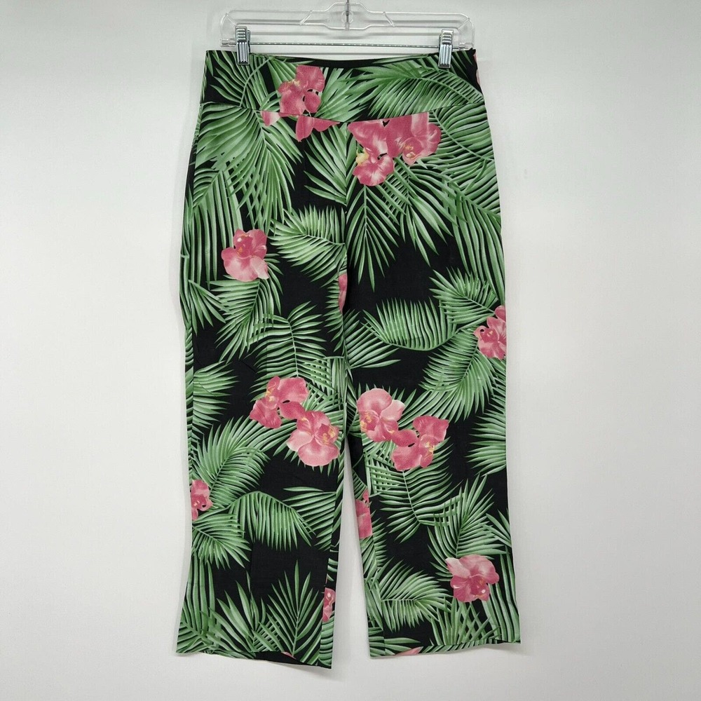 NWOT ICE Silk Pants Women's 8 Pink Green Tropical Wide Leg Cropped Hi-Rise
